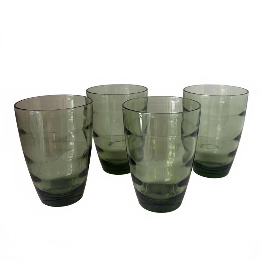 Set of 4 Vintage Libbey avocado green ripple optic swirl glass tumblers
